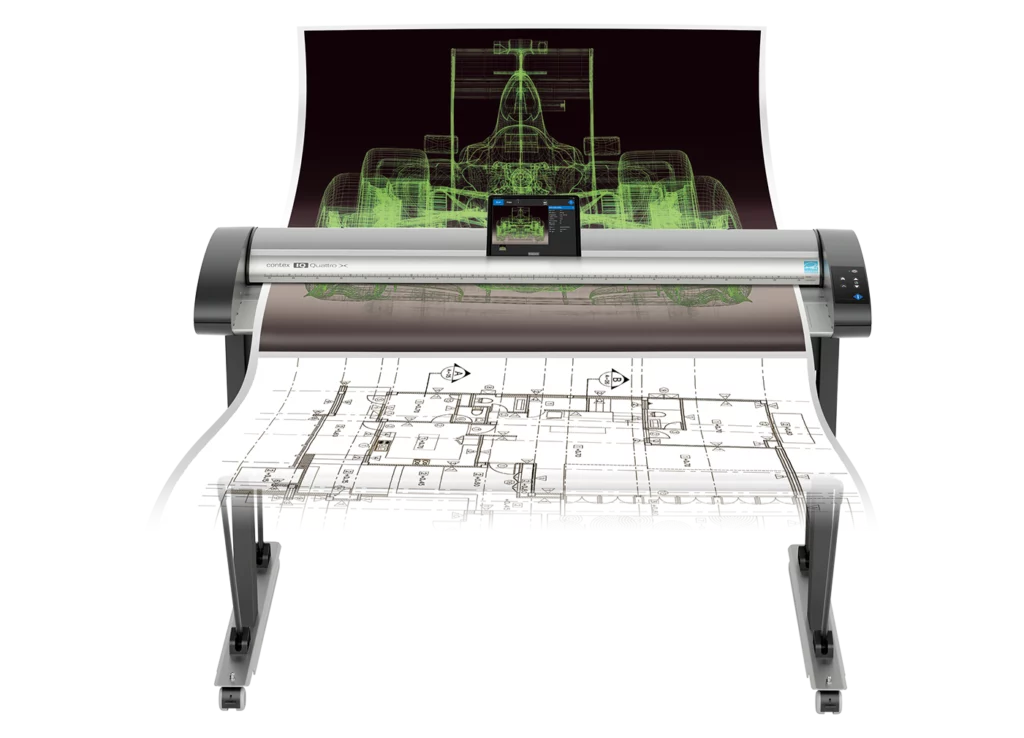 Le scanner CIS grand format tout en un (scanner + pied + logiciel + écran tactile) à prix accessible, en 36 pouces (914 mm) ou 44 pouces (1118 mm) de large, simple, compact, facile à utiliser, à côté ou sur le traceur. Ecran tactile et logiciel intégrés pour numérisation, copie, impression vers toutes les marques d'imprimantes.